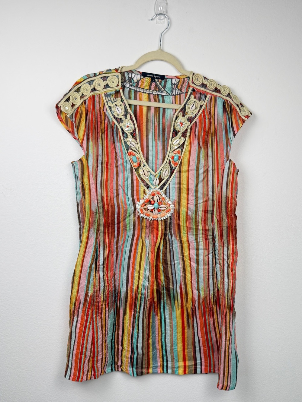 Nanette Lepore Multicolor Striped Embellished V‑Neck Tunic beaded boho resort